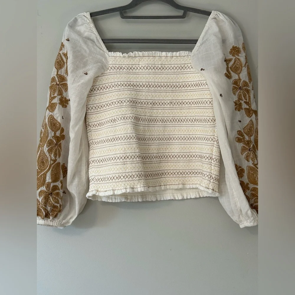 Anthropologie Embroidered Smocked Peasant Top M Boho Cottagecore Blouse